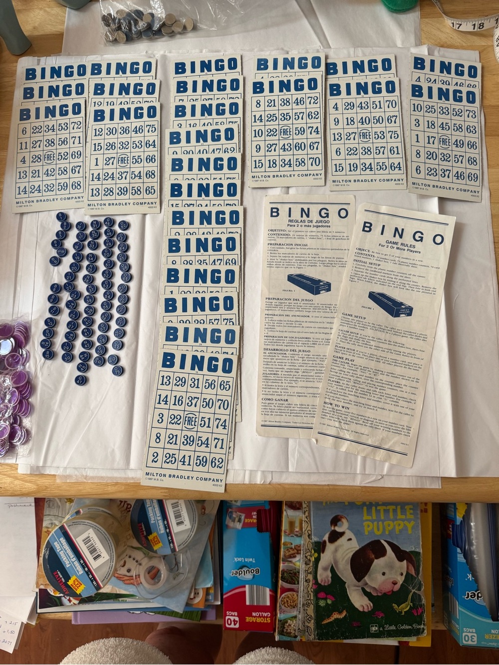 Bingo game with supplies  , not complete on numbers ; chips can make new numbers